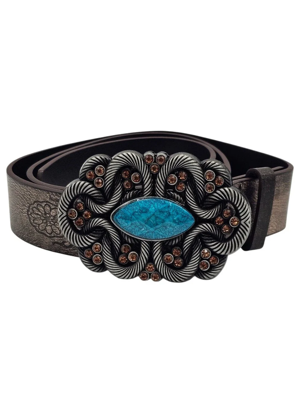 Women's Brown Knot Rhinestone Embossed Belt